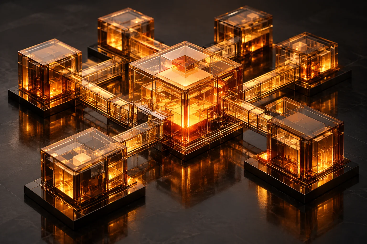 Sculptural amber glass modules evoking a bespoke private business platform