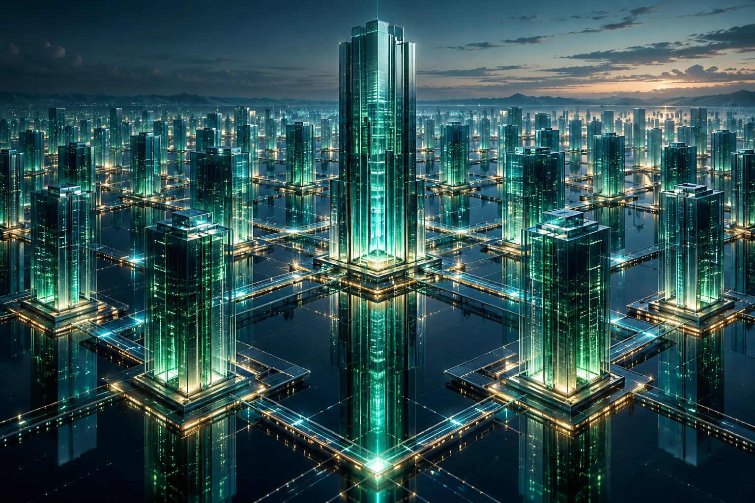 Emerald glass architectural forms evoking cloud and enterprise infrastructure