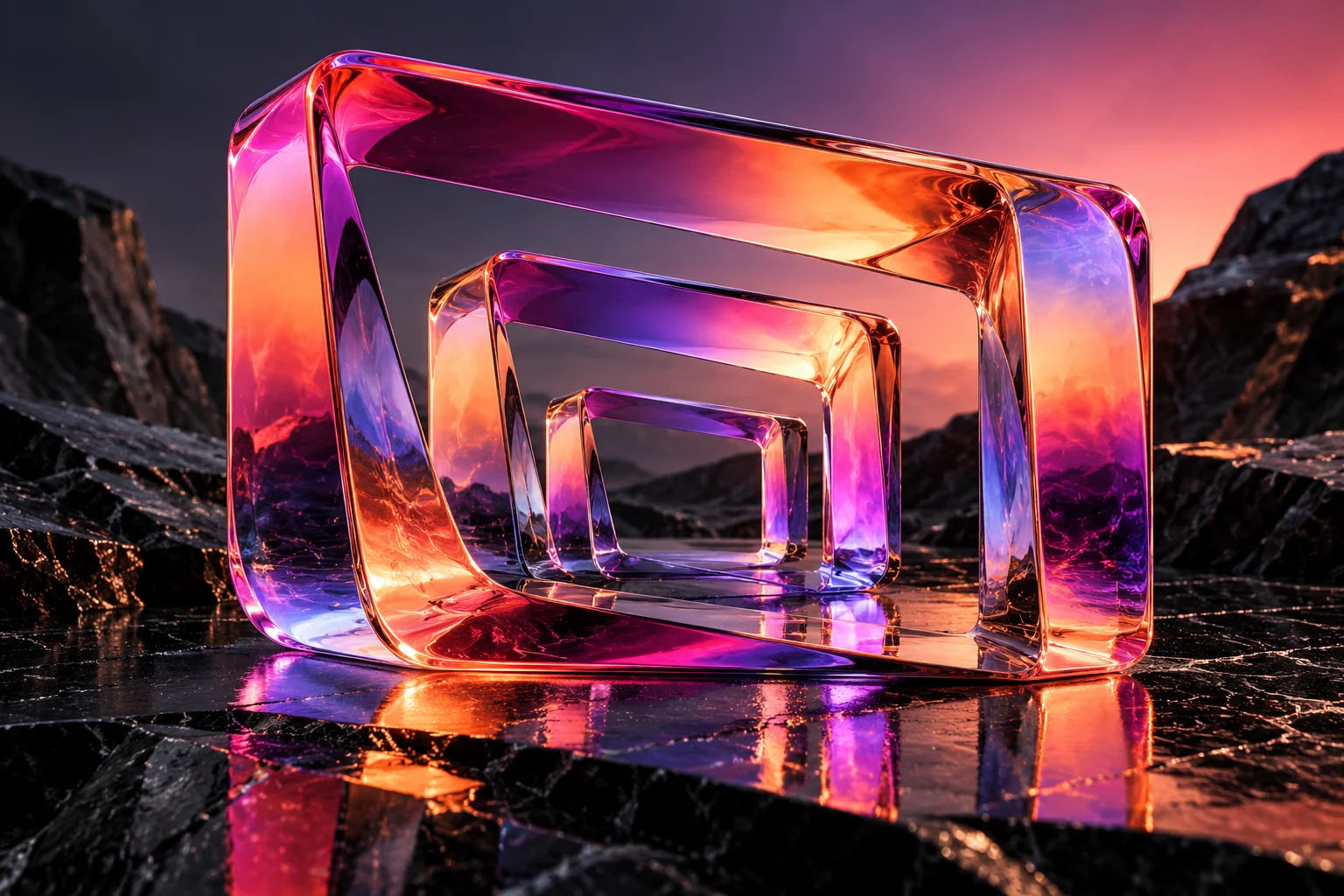 Iridescent sculptural glass portals suggesting a distinctive digital experience